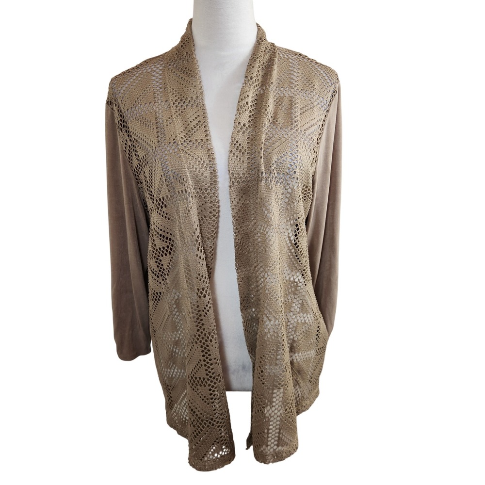 Chicos Travelers Open‎ Front Crochet Lace Knit Cardigan Tan Brown Size 3 XL